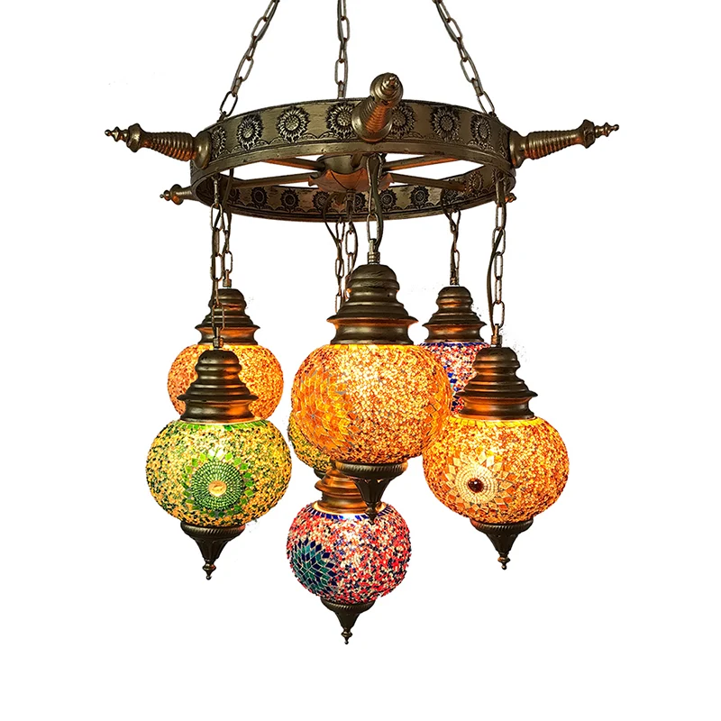 Globus-Deckenleuchter, Retro-Stil, buntes Glas, 7 Köpfe, bronzefarbene Hängeleuchte für Wohnzimmer Clearhalo