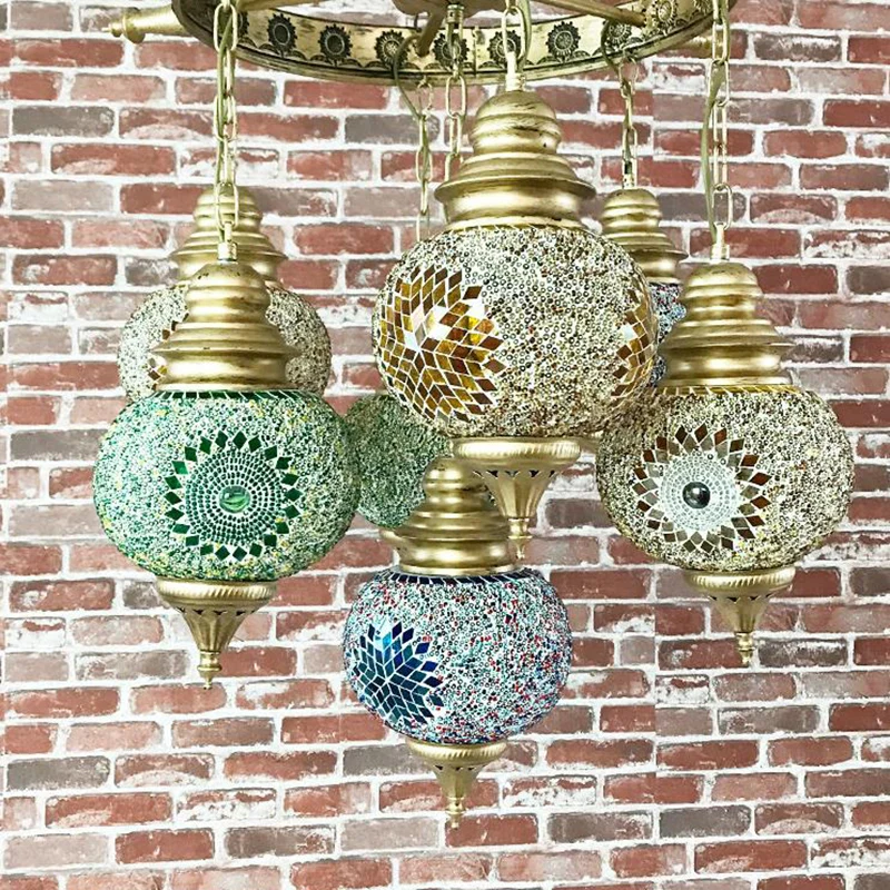Globus-Deckenleuchter, Retro-Stil, buntes Glas, 7 Köpfe, bronzefarbene Hängeleuchte für Wohnzimmer Clearhalo