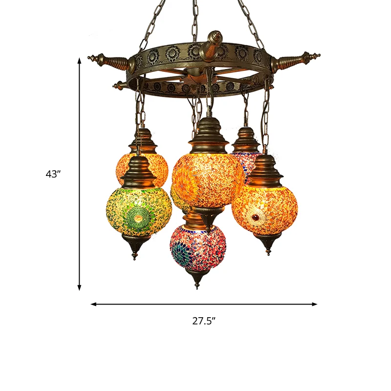 Globus-Deckenleuchter, Retro-Stil, buntes Glas, 7 Köpfe, bronzefarbene Hängeleuchte für Wohnzimmer Clearhalo