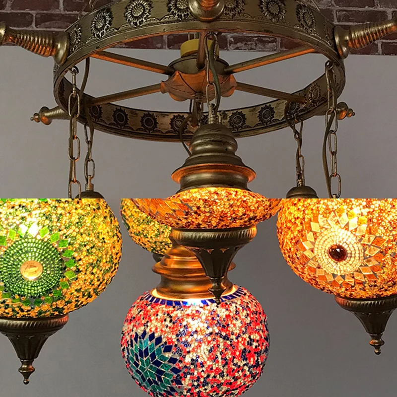Globus-Deckenleuchter, Retro-Stil, buntes Glas, 7 Köpfe, bronzefarbene Hängeleuchte für Wohnzimmer Clearhalo