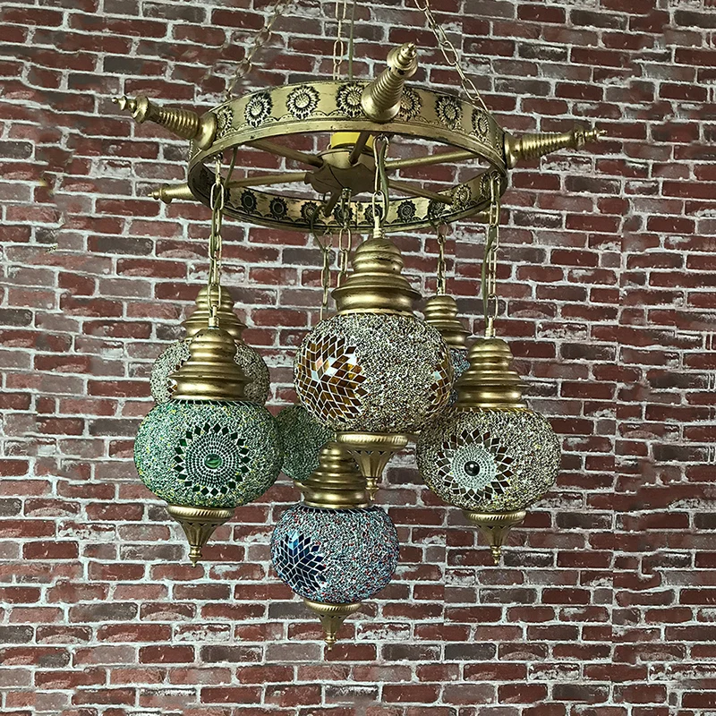 Globus-Deckenleuchter, Retro-Stil, buntes Glas, 7 Köpfe, bronzefarbene Hängeleuchte für Wohnzimmer Clearhalo
