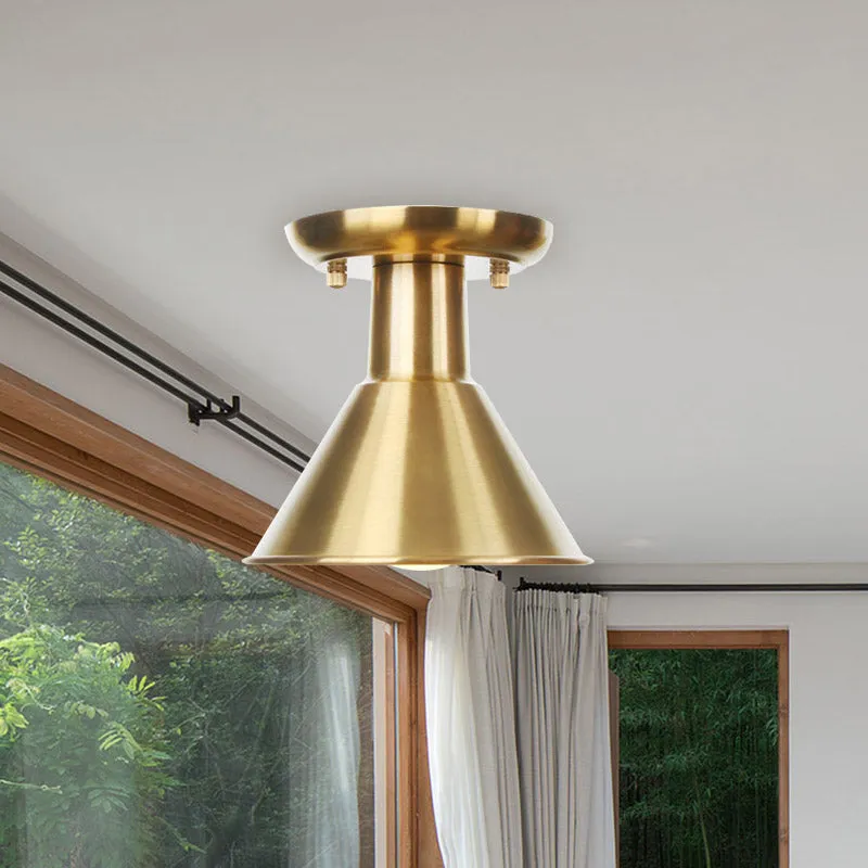 Gold Barn/Dome/Cone Semi Flush Mount Light Industrial Metallic 1 Bulb Hall Flush Deckenleuchte Clearhalo