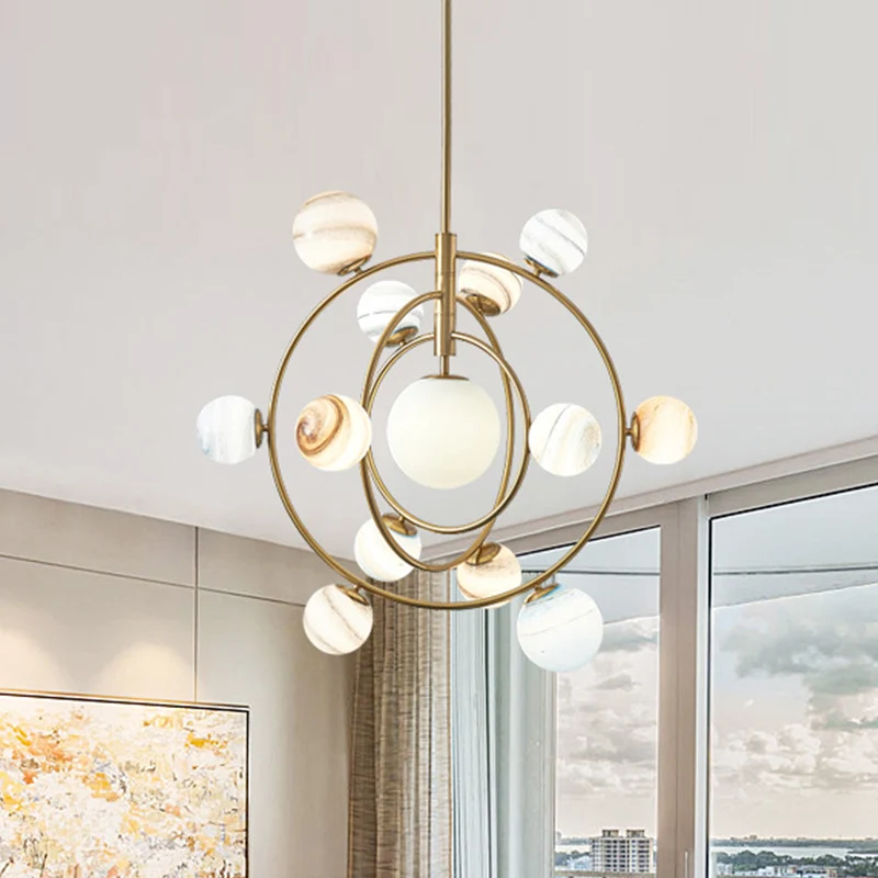 Gold Orbit Kronleuchter-Leuchte, Modernismus, 13 Lichter, Metall-Hängelampen-Set mit Kugelglasschirm Clearhalo