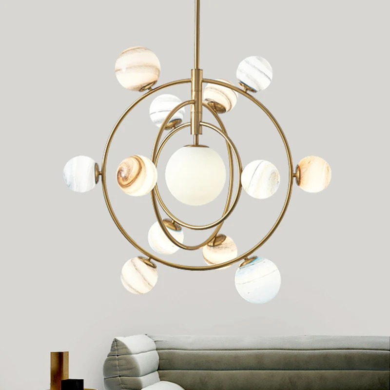 Gold Orbit Kronleuchter-Leuchte, Modernismus, 13 Lichter, Metall-Hängelampen-Set mit Kugelglasschirm Clearhalo