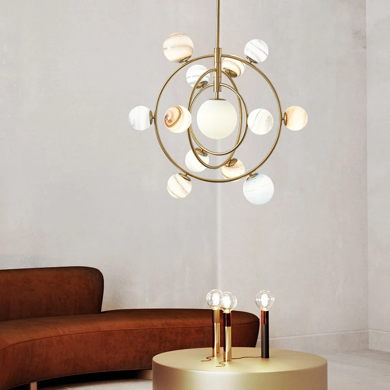 Gold Orbit Kronleuchter-Leuchte, Modernismus, 13 Lichter, Metall-Hängelampen-Set mit Kugelglasschirm Clearhalo