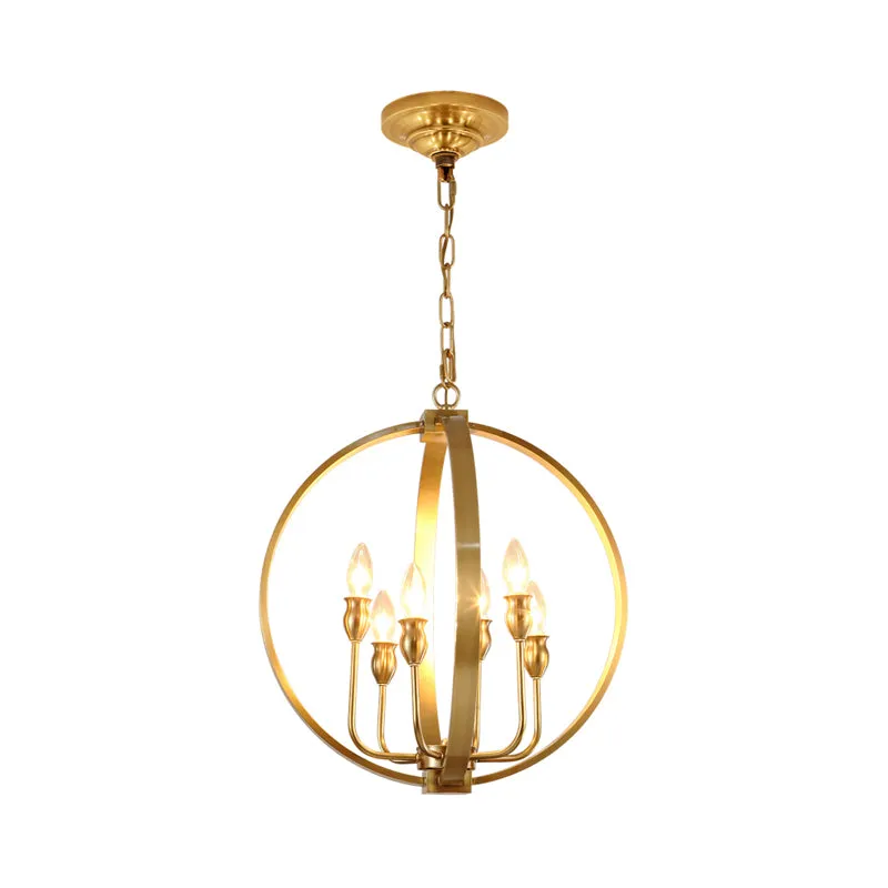 Goldfarbene 4/6-flammige Kronleuchter-Leuchte, traditionelle Metallkandelaber-Hängelampe mit rundem Ring Clearhalo