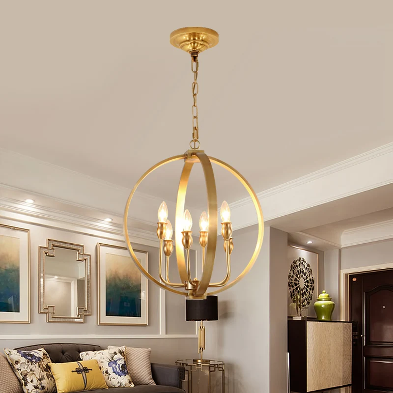 Goldfarbene 4/6-flammige Kronleuchter-Leuchte, traditionelle Metallkandelaber-Hängelampe mit rundem Ring Clearhalo