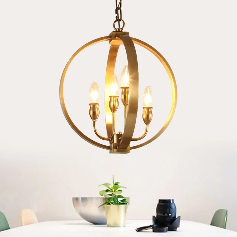 Goldfarbene 4/6-flammige Kronleuchter-Leuchte, traditionelle Metallkandelaber-Hängelampe mit rundem Ring Clearhalo