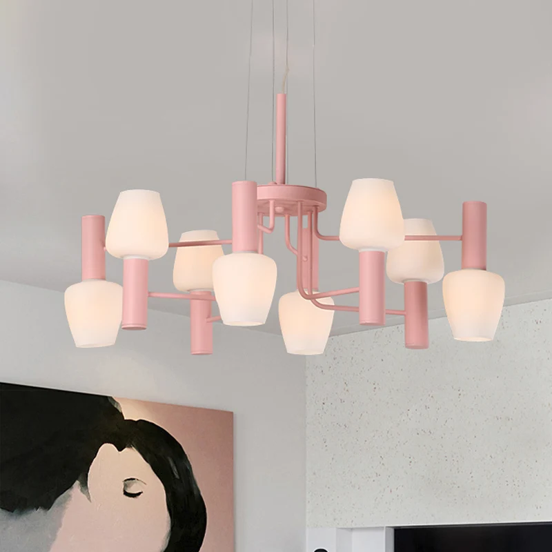 Grau/Rosa/Gelb, konische Kronleuchter-Lampe, modernistische 8 Köpfe, Milchglas-Hängeleuchte für Wohnzimmer Clearhalo