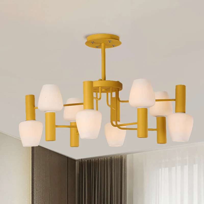 Grau/Rosa/Gelb, konische Kronleuchter-Lampe, modernistische 8 Köpfe, Milchglas-Hängeleuchte für Wohnzimmer Clearhalo