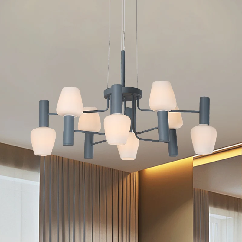 Grau/Rosa/Gelb, konische Kronleuchter-Lampe, modernistische 8 Köpfe, Milchglas-Hängeleuchte für Wohnzimmer Clearhalo
