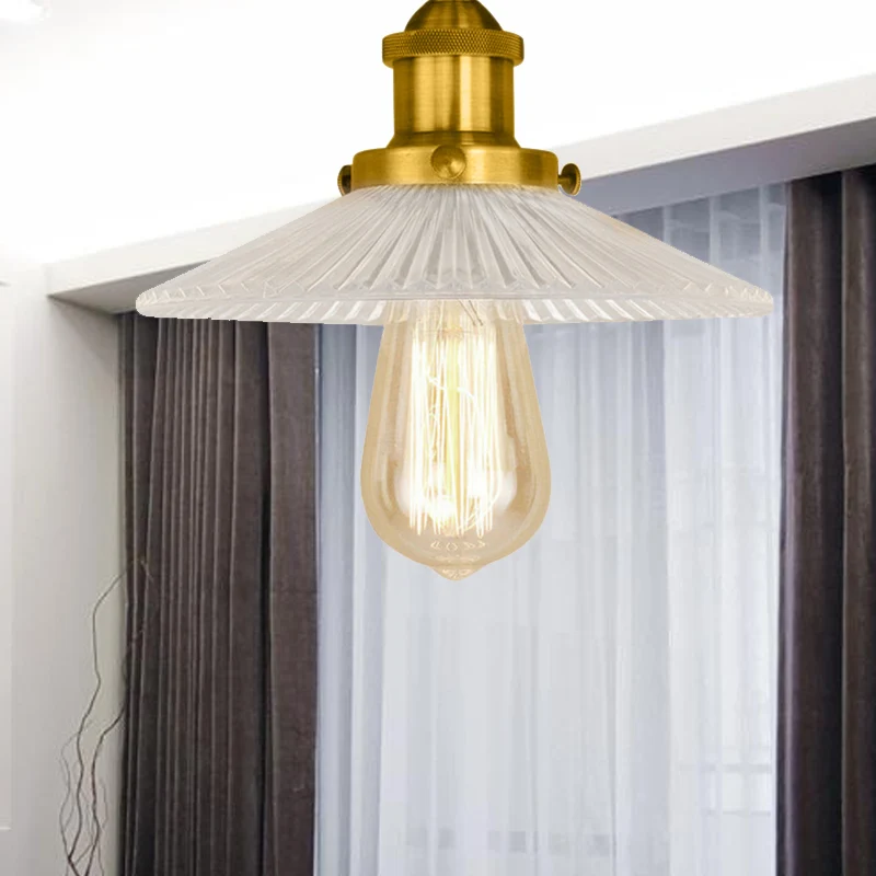 Halbmontierte Industrie-Deckenleuchte aus kegelförmigem, geripptem Glas mit 1 Glühbirne Schwarz/Messing/Kupfer Clearhalo
