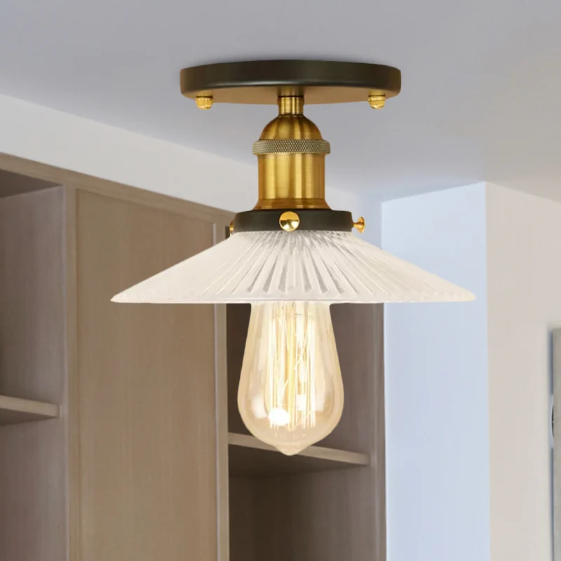 Halbmontierte Industrie-Deckenleuchte aus kegelförmigem, geripptem Glas mit 1 Glühbirne Schwarz/Messing/Kupfer Clearhalo