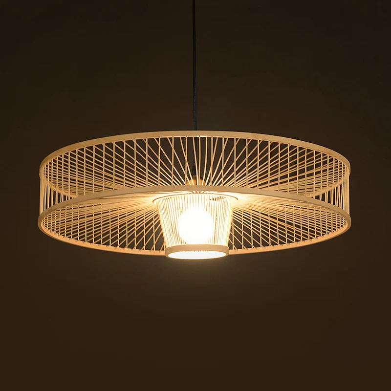 Handgefertigte runde Deckenpendelleuchte mit 1 Licht, asiatische Bambus-Pendelleuchte für Restaurant Clearhalo