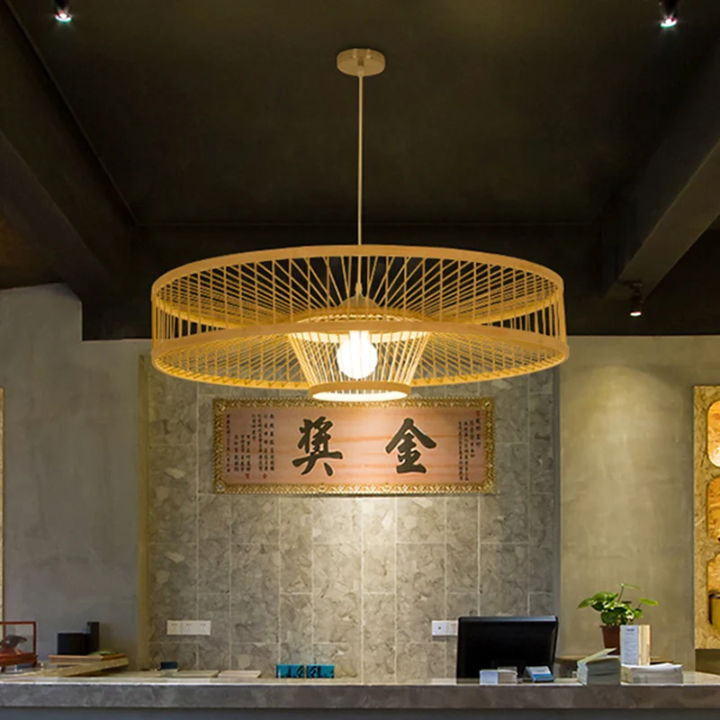 Handgefertigte runde Deckenpendelleuchte mit 1 Licht, asiatische Bambus-Pendelleuchte für Restaurant Clearhalo