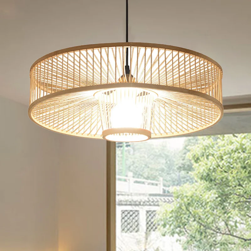 Handgefertigte runde Deckenpendelleuchte mit 1 Licht, asiatische Bambus-Pendelleuchte für Restaurant Clearhalo