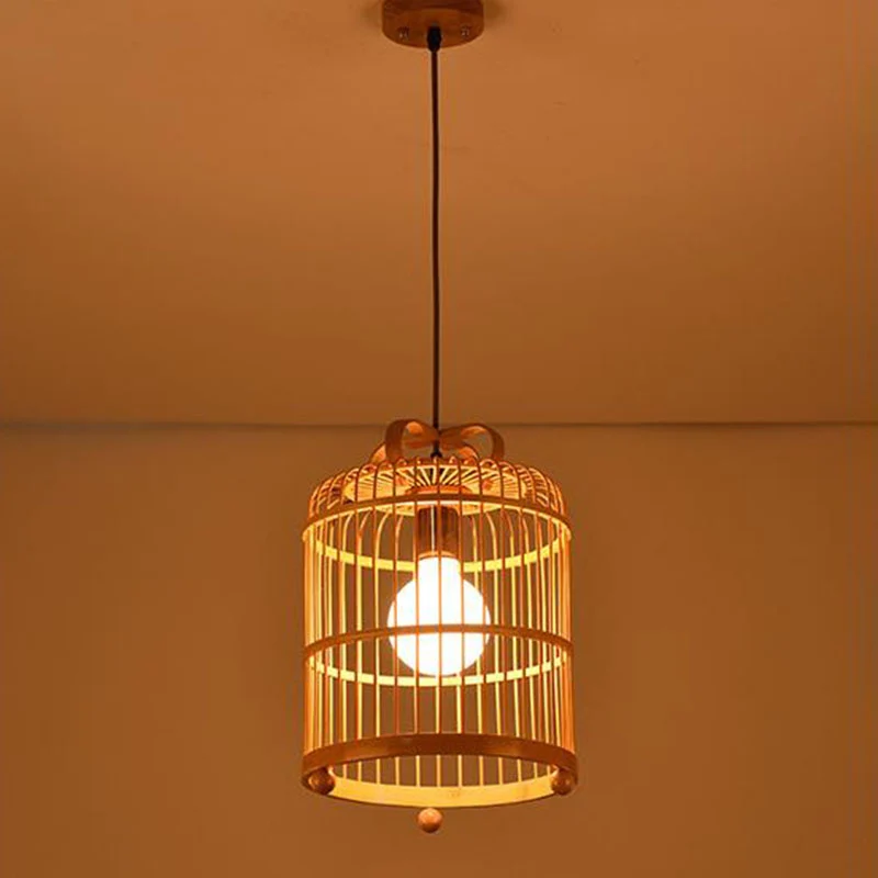 Handgefertigte Vogelkäfig-Pendelleuchte aus chinesischem Bambus, 1 Glühbirne, Holz-Downlight-Anhänger Clearhalo