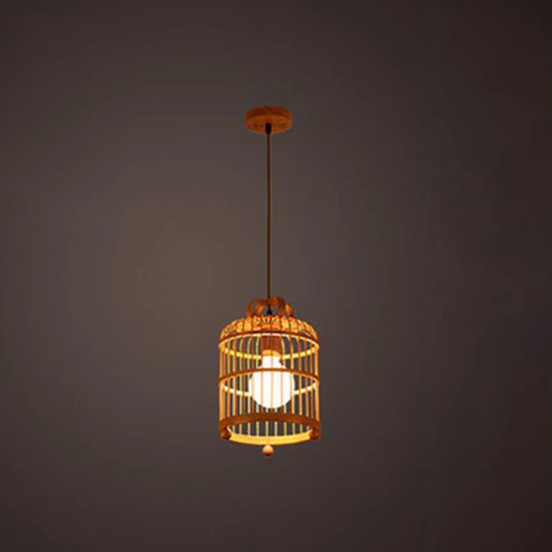 Handgefertigte Vogelkäfig-Pendelleuchte aus chinesischem Bambus, 1 Glühbirne, Holz-Downlight-Anhänger Clearhalo
