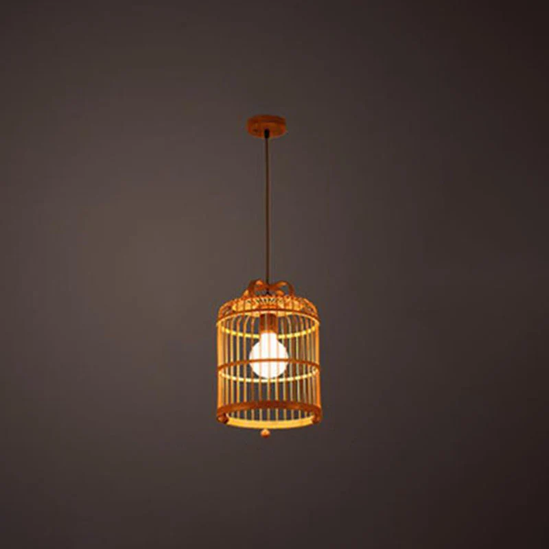Handgefertigte Vogelkäfig-Pendelleuchte aus chinesischem Bambus, 1 Glühbirne, Holz-Downlight-Anhänger Clearhalo