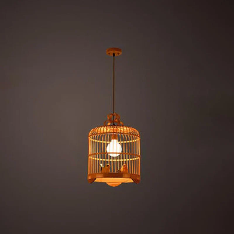 Handgefertigte Vogelkäfig-Pendelleuchte aus chinesischem Bambus, 1 Glühbirne, Holz-Downlight-Anhänger Clearhalo