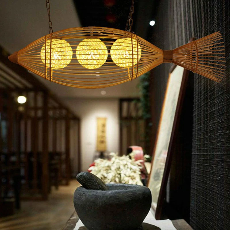 Handgewebte Fisch-Pendelleuchte im asiatischen Stil, Bambus-Restaurant-Kronleuchter aus Holz Clearhalo