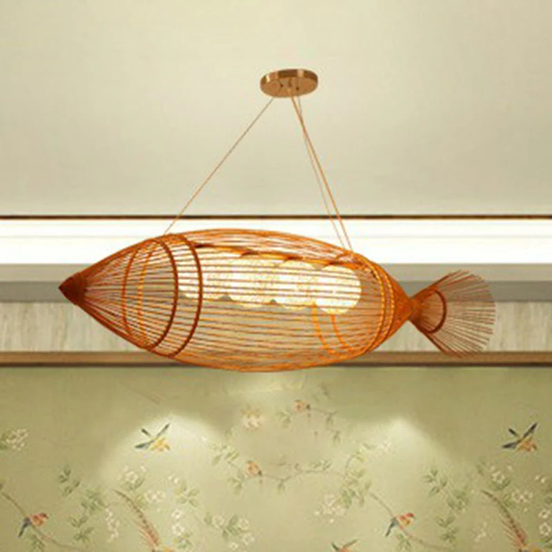 Handgewebte Fisch-Pendelleuchte im asiatischen Stil, Bambus-Restaurant-Kronleuchter aus Holz Clearhalo