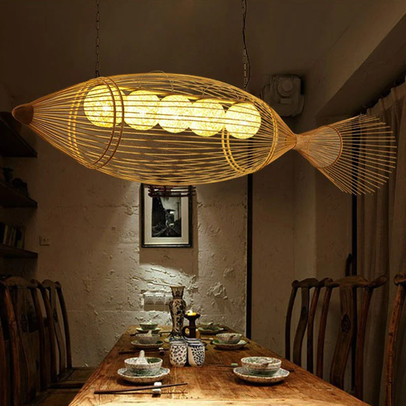Handgewebte Fisch-Pendelleuchte im asiatischen Stil, Bambus-Restaurant-Kronleuchter aus Holz Clearhalo