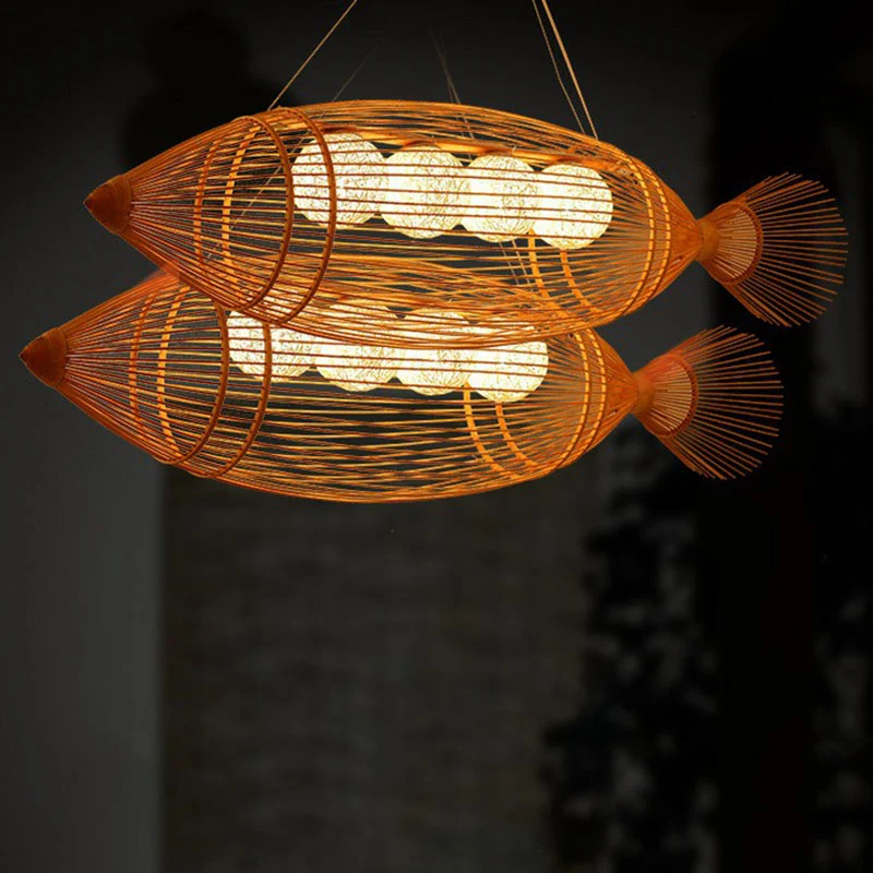 Handgewebte Fisch-Pendelleuchte im asiatischen Stil, Bambus-Restaurant-Kronleuchter aus Holz Clearhalo