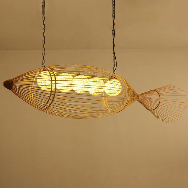 Handgewebte Fisch-Pendelleuchte im asiatischen Stil, Bambus-Restaurant-Kronleuchter aus Holz Clearhalo