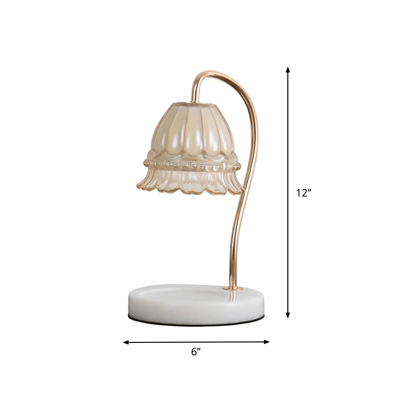 Hellbraune Glasblumen-Nachttischlampe, Designer-Tischleuchte mit Schwanenhals, 1 Licht, Weiß und Messing Clearhalo