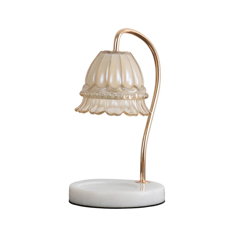 Hellbraune Glasblumen-Nachttischlampe, Designer-Tischleuchte mit Schwanenhals, 1 Licht, Weiß und Messing Clearhalo