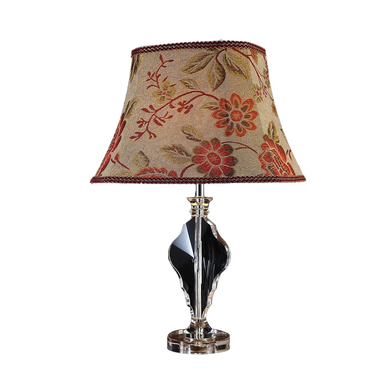 1 helles Stoff-Nachtlicht im ländlichen Stil, beige Blüten-Wohnzimmer-Tischlampe mit Kristallsockel Clearhalo