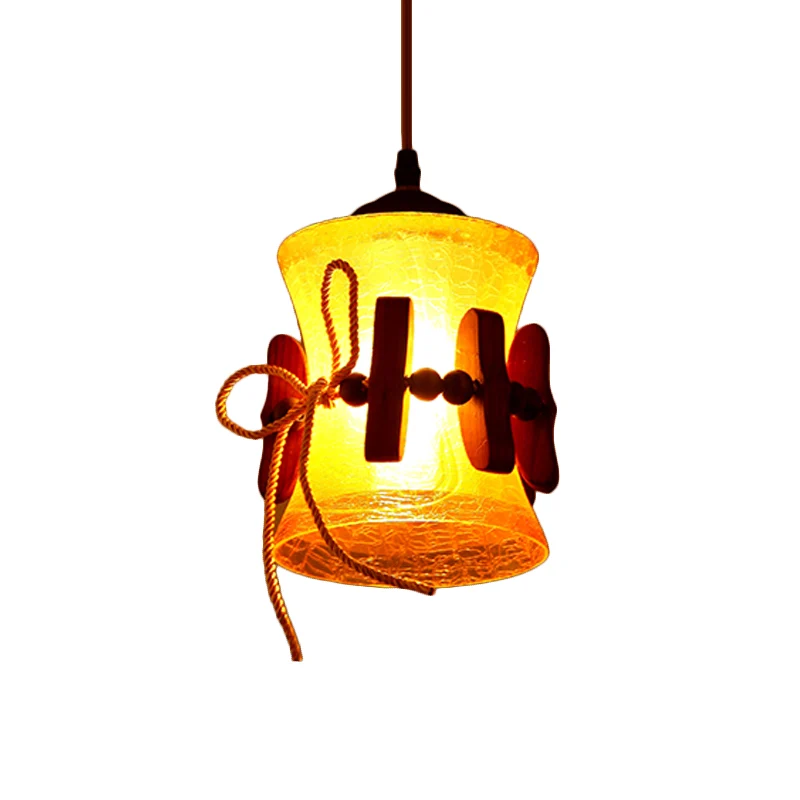 1 hellgelbe Crackle-Glas-Hängelampe, ländliche braune Glocke, Esszimmer-Downlight mit Holzpaneel-Design Clearhalo