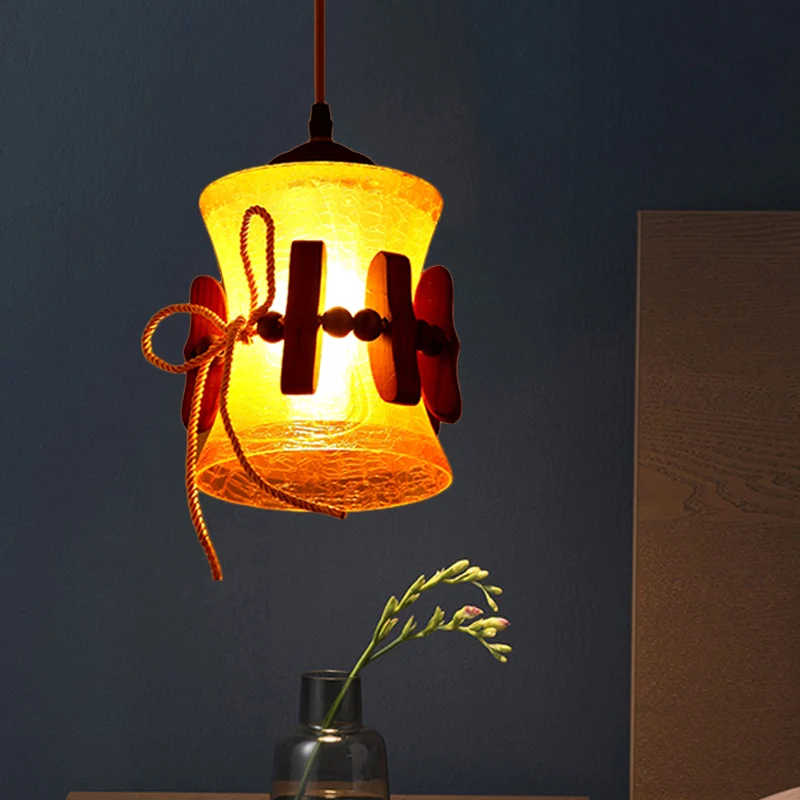 1 hellgelbe Crackle-Glas-Hängelampe, ländliche braune Glocke, Esszimmer-Downlight mit Holzpaneel-Design Clearhalo