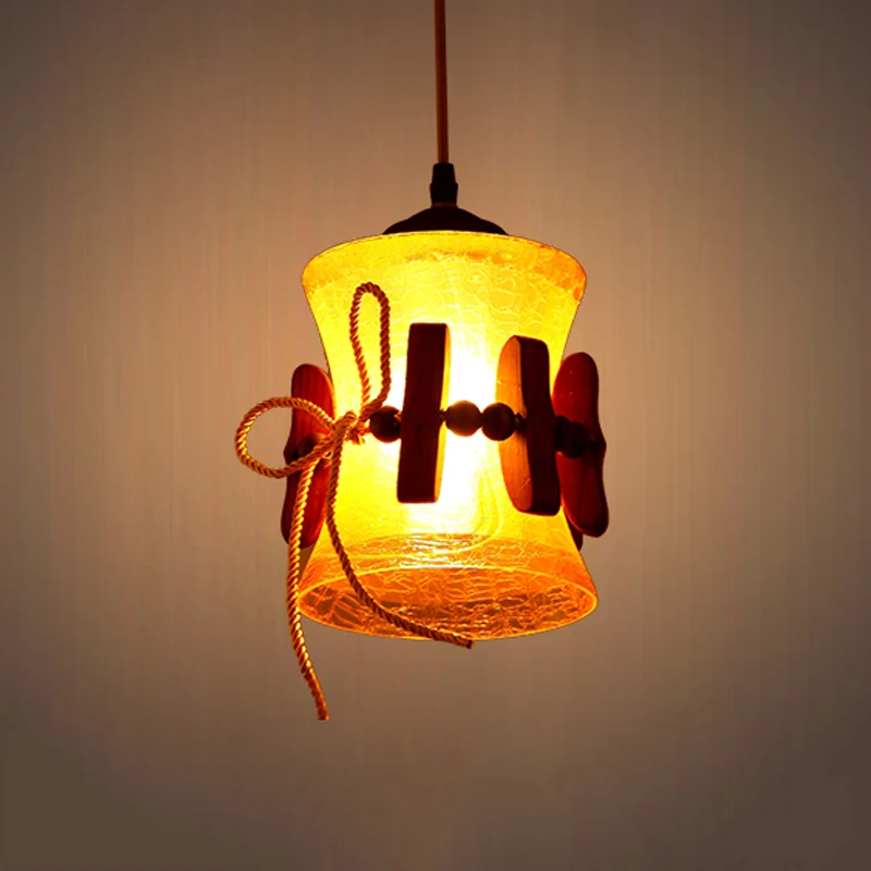 1 hellgelbe Crackle-Glas-Hängelampe, ländliche braune Glocke, Esszimmer-Downlight mit Holzpaneel-Design Clearhalo