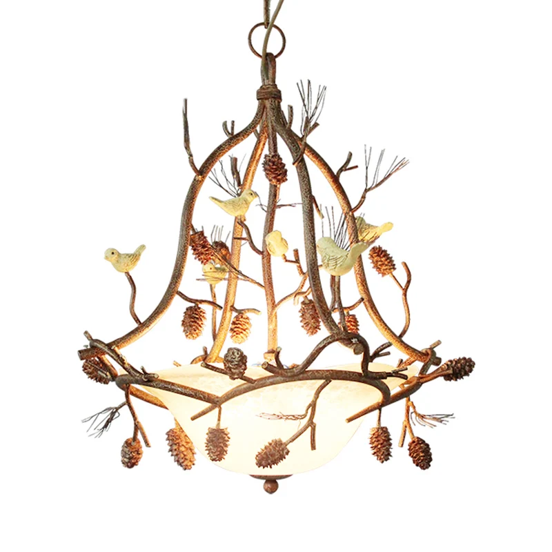 Hänge-Kronleuchter aus Milchglas mit 3 Lichtern, rustikale braune Schale, Esszimmer-Pendelleuchte mit Vogel und Tannenzapf...