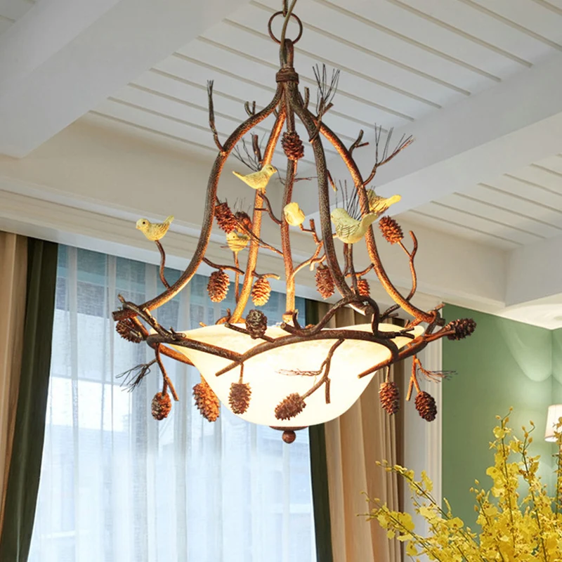 Hänge-Kronleuchter aus Milchglas mit 3 Lichtern, rustikale braune Schale, Esszimmer-Pendelleuchte mit Vogel und Tannenzapf...