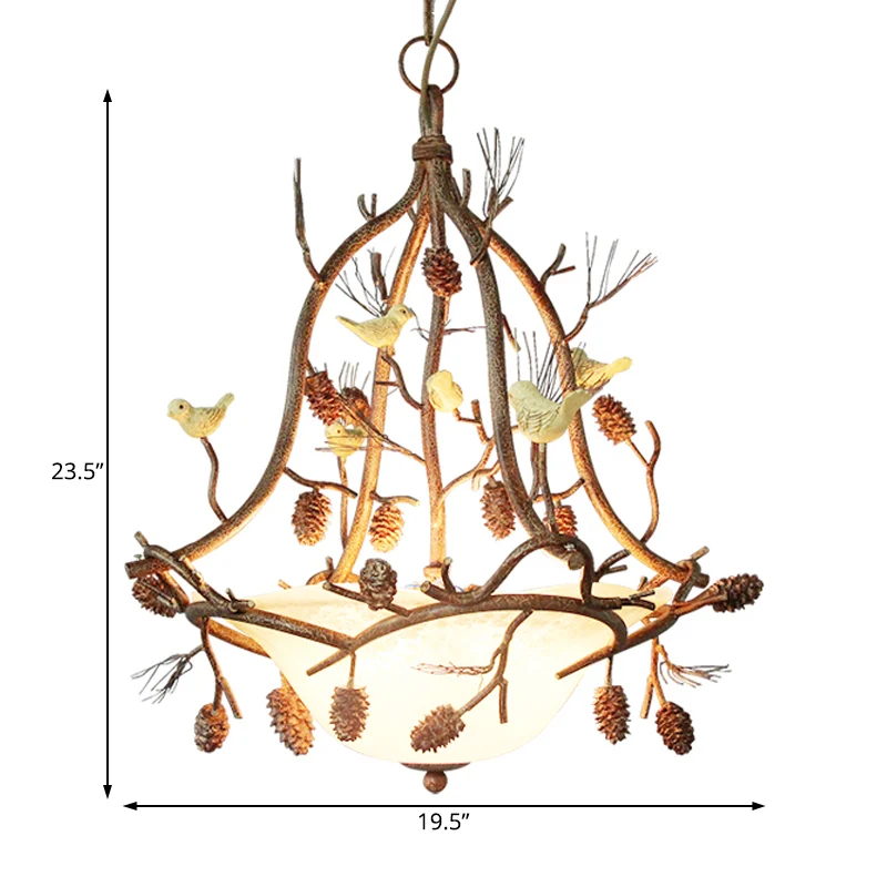 Hänge-Kronleuchter aus Milchglas mit 3 Lichtern, rustikale braune Schale, Esszimmer-Pendelleuchte mit Vogel und Tannenzapf...