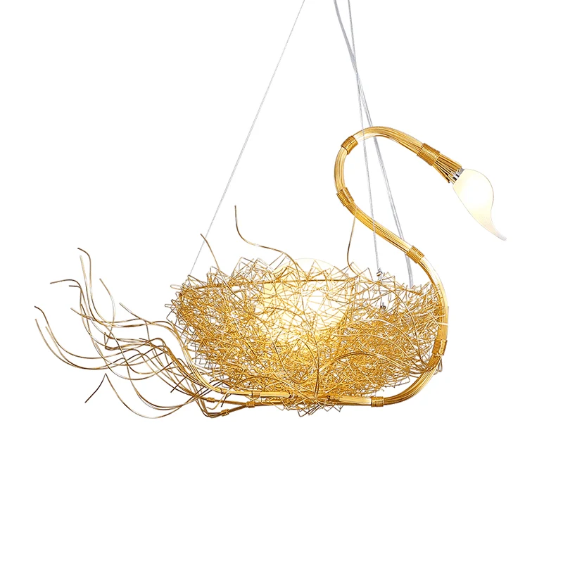 Hängeleuchte aus dünnem Zweig aus Metall für Balkon, Schlafzimmer, 3 Lichter, kreativer Kronleuchter mit Nest & Ei Gold Cl...