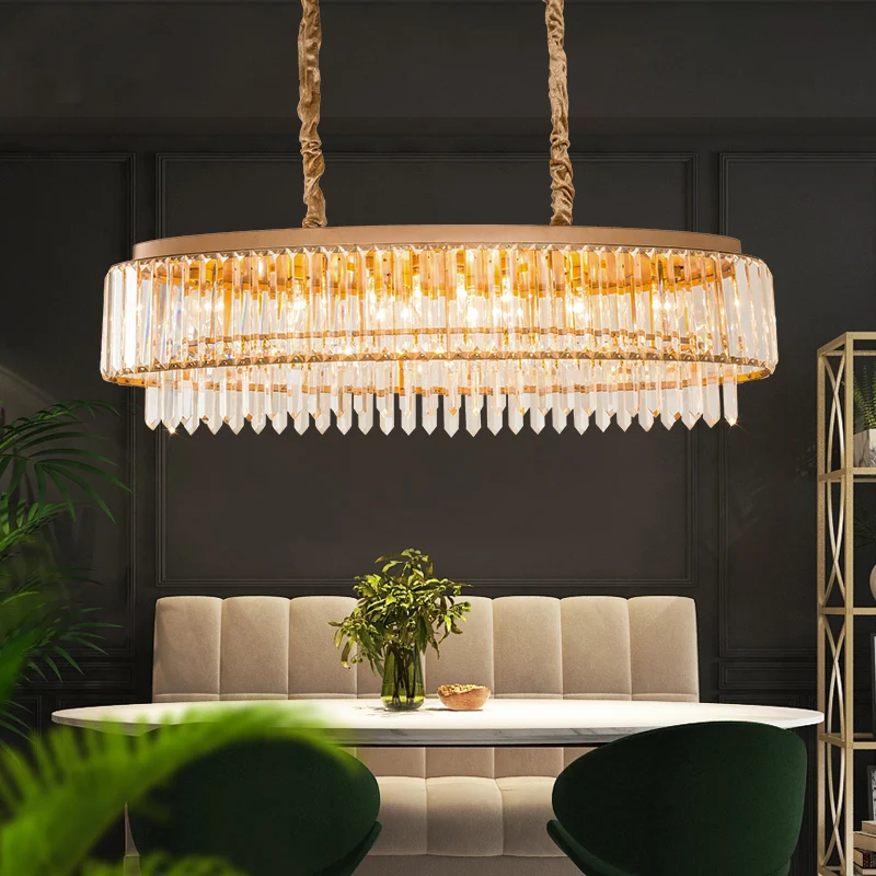 Hängeleuchte mit 5 Glühbirnen, Kristallprisma, Inselleuchte, modernes Champagner-Oval-Design für Esszimmer Clearhalo