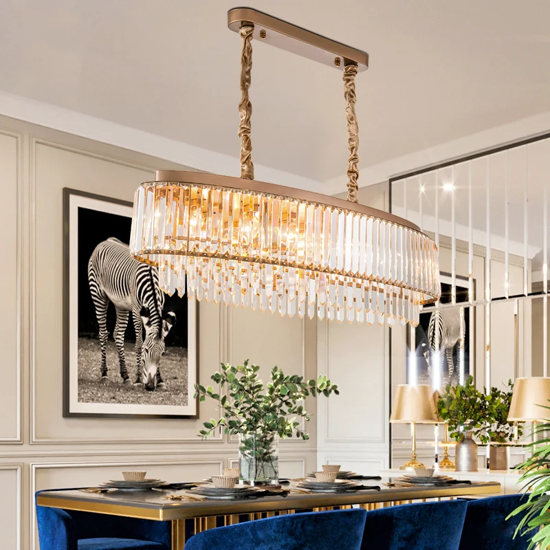 Hängeleuchte mit 5 Glühbirnen, Kristallprisma, Inselleuchte, modernes Champagner-Oval-Design für Esszimmer Clearhalo