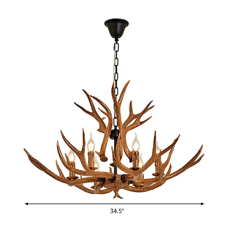 Hängender Kronleuchter im Harz-Geweih-Design, ländliche 6-flammige Restaurant-Deckenpendelleuchte Braun Clearhalo