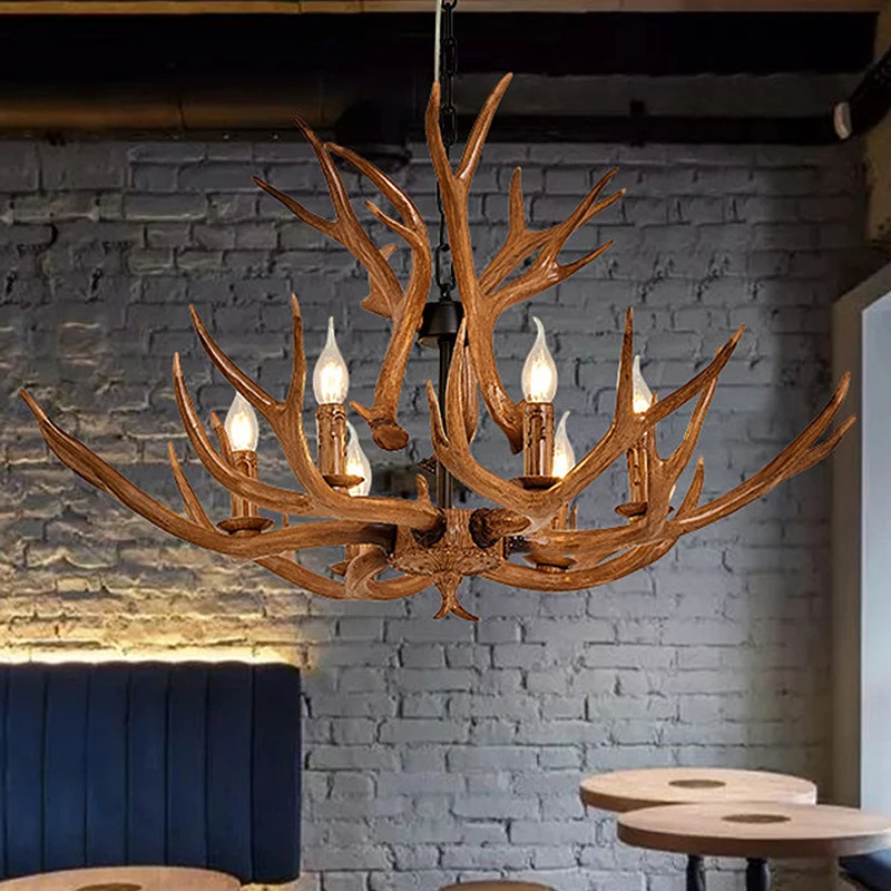 Hängender Kronleuchter im Harz-Geweih-Design, ländliche 6-flammige Restaurant-Deckenpendelleuchte Braun Clearhalo