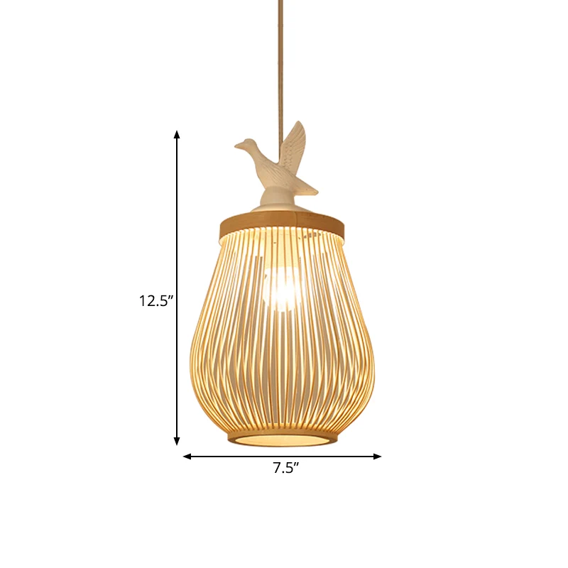 Holzkäfig-Hängelampe, moderne 1-Kopf-Bambus-Deckenpendelleuchte mit weißem Vogel Clearhalo