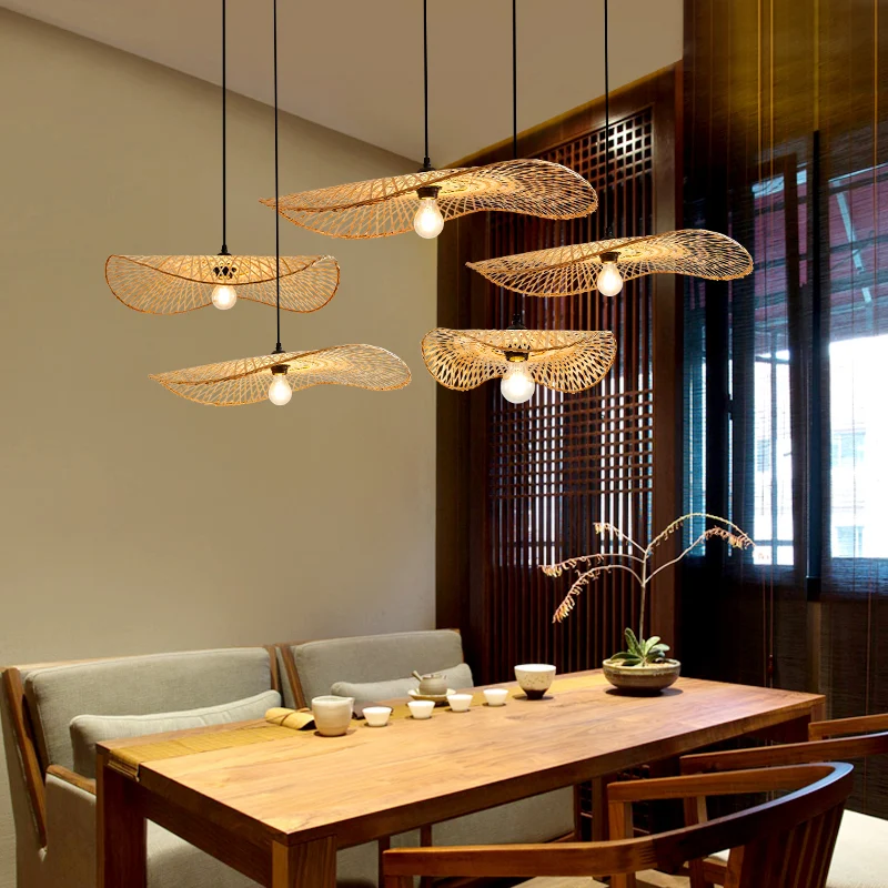 Holz-Lotusblatt-Deckenleuchte, moderne Einzel-Bambus-Hängeleuchte für Restaurant Clearhalo