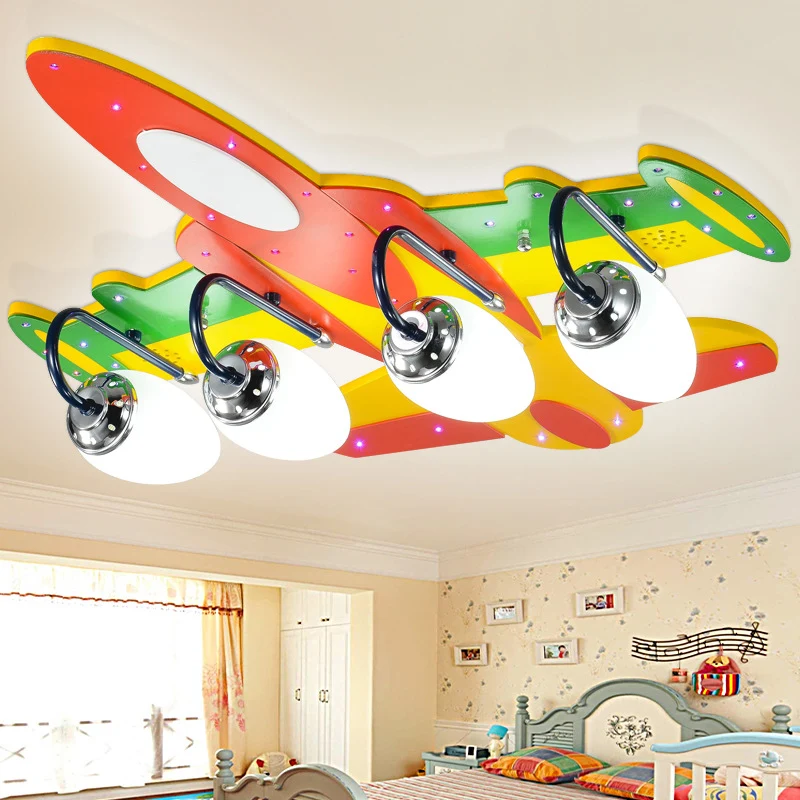 Kampfflugzeug Halbdeckenleuchte 4 Glühbirnen Moderne Deckenleuchte aus Holz für den Kindergarten Clearhalo