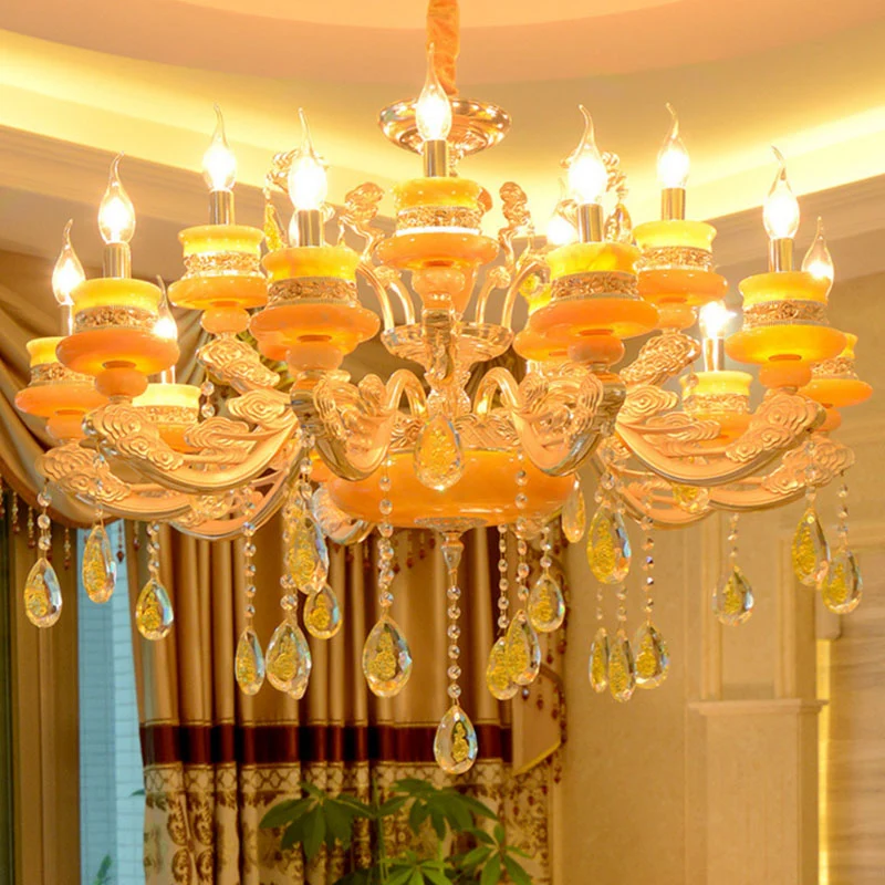 Kandelaber Wohnzimmer Anhänger Kronleuchter Land Jade Gold Hängebeleuchtung mit Kristalltropfen Clearhalo