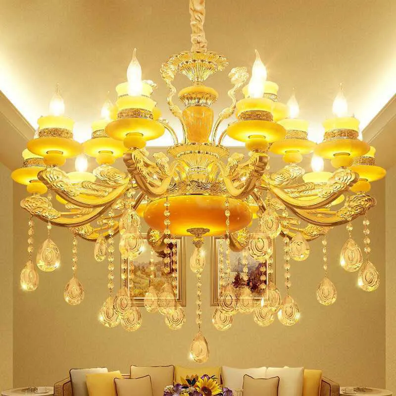 Kandelaber Wohnzimmer Anhänger Kronleuchter Land Jade Gold Hängebeleuchtung mit Kristalltropfen Clearhalo