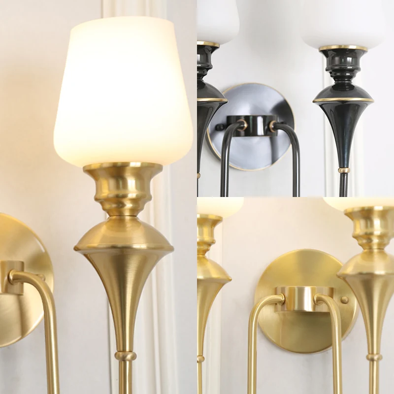 Kegelförmige Wandleuchte aus weißem Glas, traditionelle 1/2-Licht-Schlafzimmer-Wandleuchte Gold/Schwarz Clearhalo