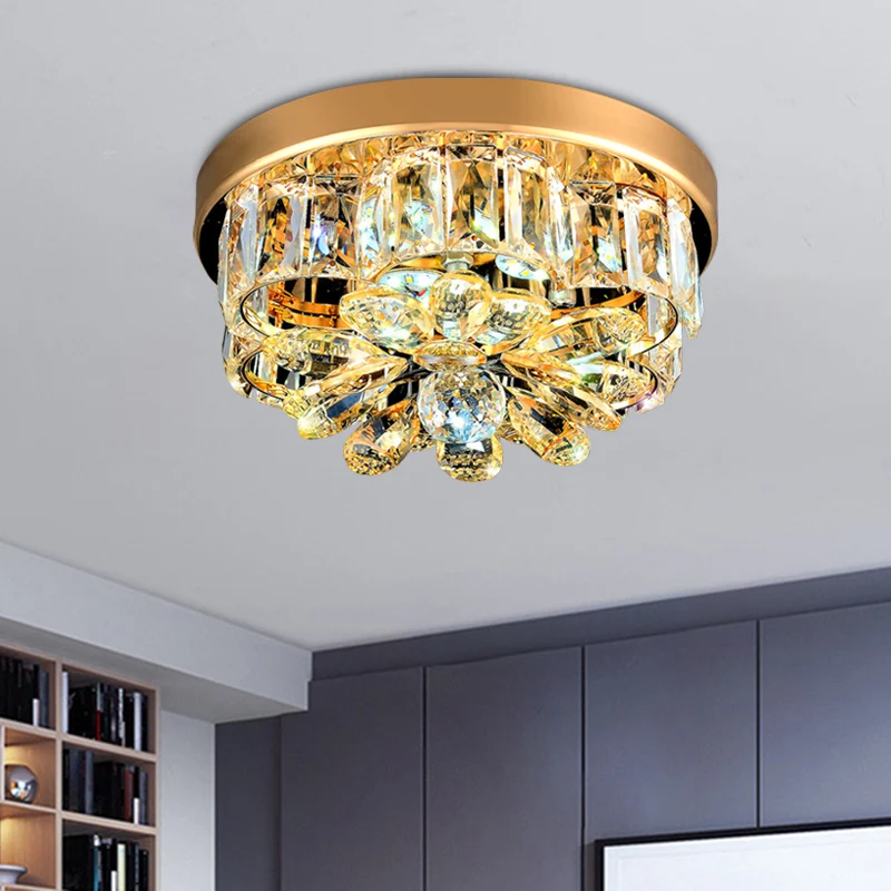 Kleine Blumen-LED-Deckenleuchte im modernen Stil, goldfarbene, abgeschrägte Kristall-Unterputzleuchte Clearhalo